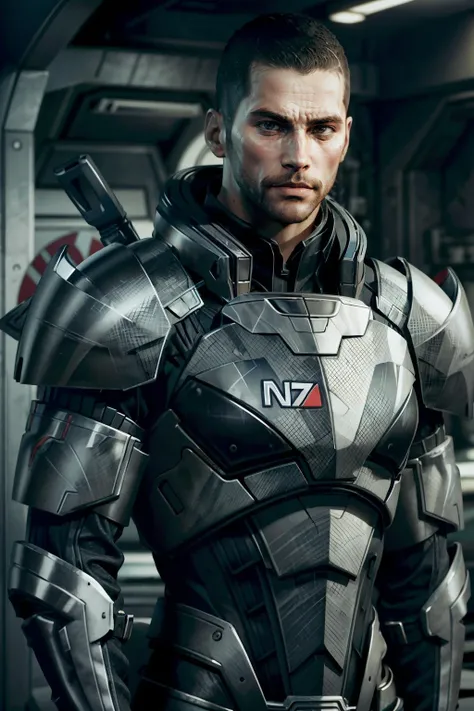 (masterpiece, best quality)
MaleShepard,  solo, short hair, black hair, 1boy, upper body, male focus, armor, looking to the side, facial hair, thick eyebrows, beard, sideburns, mature male, realistic, mustache, very short hair, manly, buzz cut
  <lora:epi_noiseoffset2:1> <lora:add_detail:0.5>  <lora:MaleShepard:0.8>