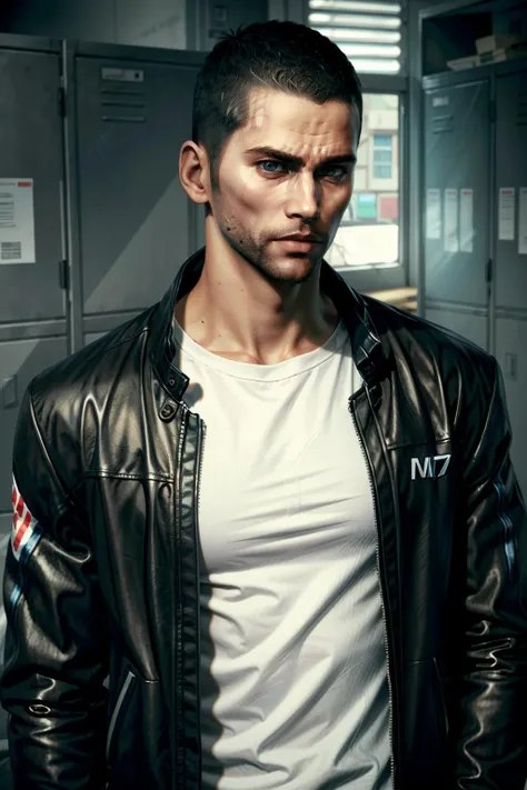 (masterpiece, best quality)
MaleShepard, solo, short hair, blue eyes, shirt, black hair, 1boy, closed mouth, jacket, white shirt, upper body, male focus, open clothes, dark skin, black eyes, open jacket, black jacket, facial hair, dark-skinned male, t-shirt, beard, realistic, stubble, very short hair, leather, animification, undercut, locker, leather jacket, buzz cut
<lora:epi_noiseoffset2:1> <lora:add_detail:0.5> <lora:MaleShepard:0.8>