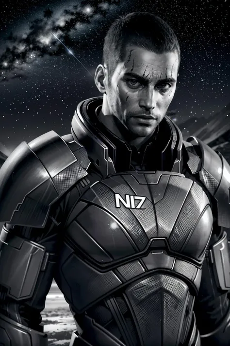 (masterpiece, best quality)
MaleShepard, solo, 1boy, monochrome, upper body, greyscale, male focus, night, facial hair, scar, dark-skinned male, thick eyebrows, star (sky), starry sky, sideburns, realistic, stubble, bald, very short hair, buzz cut
<lora:epi_noiseoffset2:1> <lora:add_detail:0.5> <lora:MaleShepard:0.8>