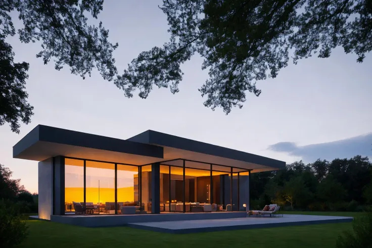 modernvilla, blackandwhite, cars, cloud, sunset, trees, vine, architecture, building, vivid colour, masterpiece,best quality,super detailed,realistic,photorealistic, 8k, sharp focus,
a photo of a building <lora:AARG_villa-000015:0.5>