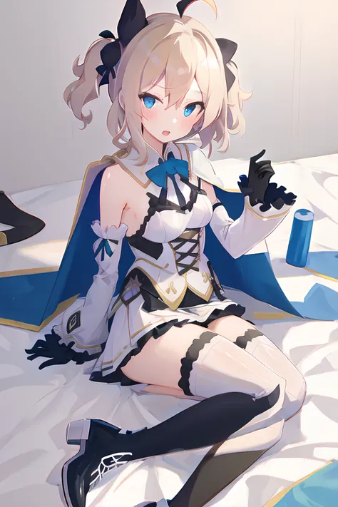 (masterpiece) ,(best quality),1girl, short_hair, bangs, blue_eyes, blonde_hair, thighhighs, long_sleeves, ribbon, cape, bare_shoulders, twintails, black_hair_ribbon, ahoge, boots, black_gloves, wide_sleeves, medium_hair, white_dress, two_side_up, short_dress, frilled_sleeves, , <lora:celtie_v2:1>