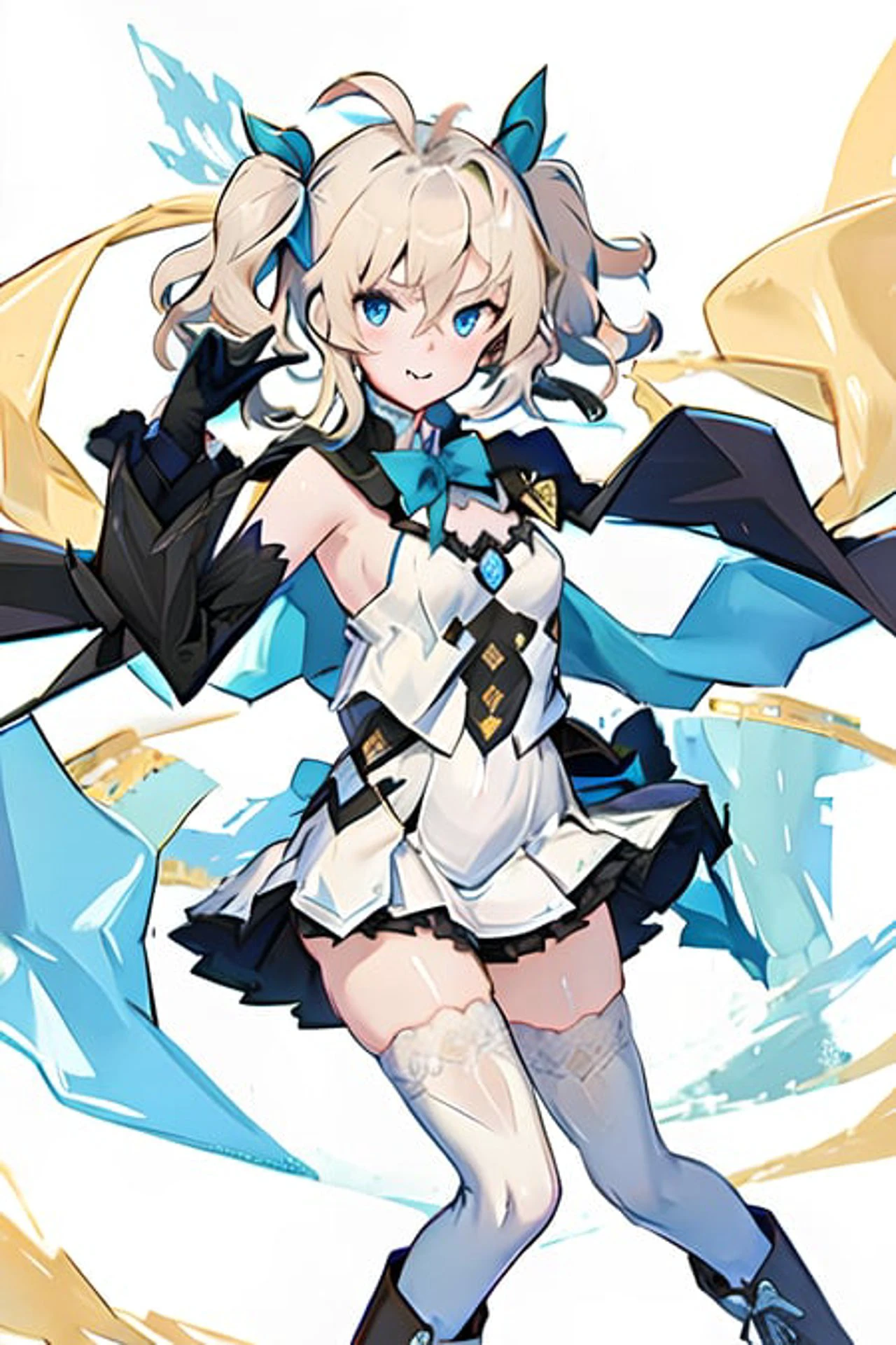 (masterpiece) ,(best quality),1girl, short_hair, bangs, blue_eyes, blonde_hair, thighhighs, long_sleeves, ribbon, cape, bare_shoulders, twintails, black_hair_ribbon, ahoge, boots, black_gloves, wide_sleeves, medium_hair, white_dress, two_side_up, short_dress, frilled_sleeves, , <lora:celtie_v2:1>