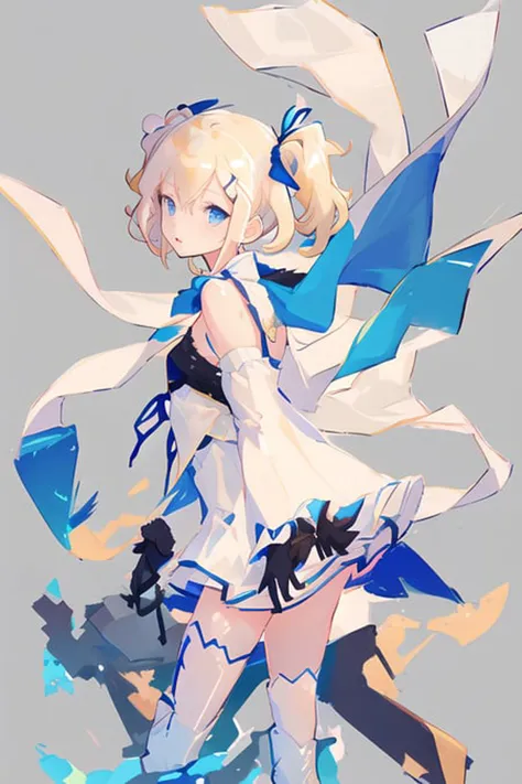 (masterpiece) ,(best quality),1girl, short_hair, bangs, blue_eyes, blonde_hair, thighhighs, long_sleeves, ribbon, cape, bare_shoulders, twintails, black_hair_ribbon, ahoge, boots, black_gloves, wide_sleeves, medium_hair, white_dress, two_side_up, short_dress, frilled_sleeves, arms behind back , <lora:celtie_v2:1>