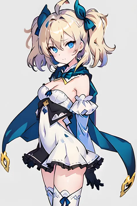 (masterpiece) ,(best quality),1girl, short_hair, bangs, blue_eyes, blonde_hair, thighhighs, long_sleeves, ribbon, cape, bare_shoulders, twintails, black_hair_ribbon, ahoge, boots, black_gloves, wide_sleeves, medium_hair, white_dress, two_side_up, short_dress, frilled_sleeves, arms behind back , <lora:celtie_v2:1>