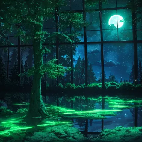 scenery,no humans, sky, moon, star (sky), night, reflection, starry sky, tree, night sky, nature, snow, full moon, forest, cloud, planet, winter, lake, tree, green theme, window, nature, indoors, overgrown, forest,
anime world location,