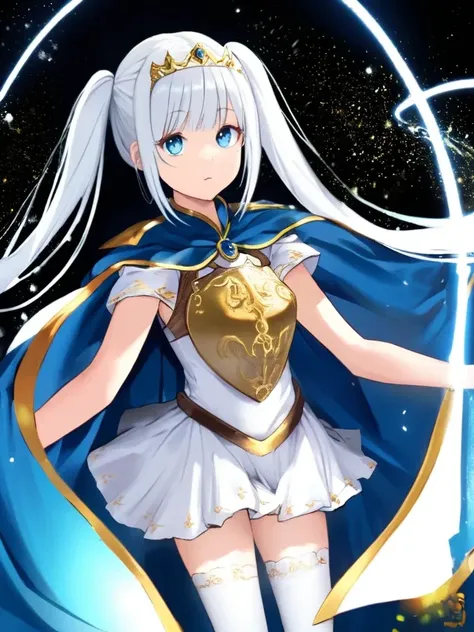 young girl, tiara, white hair, twintails, 13years old, big blue eyes, gold accent cape, embroidery breastplate, thighhighs,