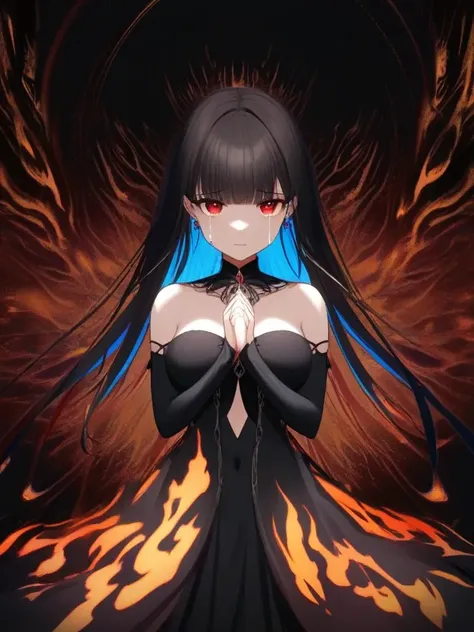 1girl, solo, breasts, navel cutout, looking at viewer, red eyes, tears, navel, long hair, crying with eyes open, jewelry, crying, earrings, bare shoulders, dress, multicolored hair, detached sleeves, clothing cutout, blue hair, closed mouth, strapless, bangs, collarbone, straight-on, glowing, colored inner hair, brown hair, strapless dress, black dress, two-tone hair, black hair, gem, own hands together, fire, black background, holding, medium breasts, large breasts, detached collar