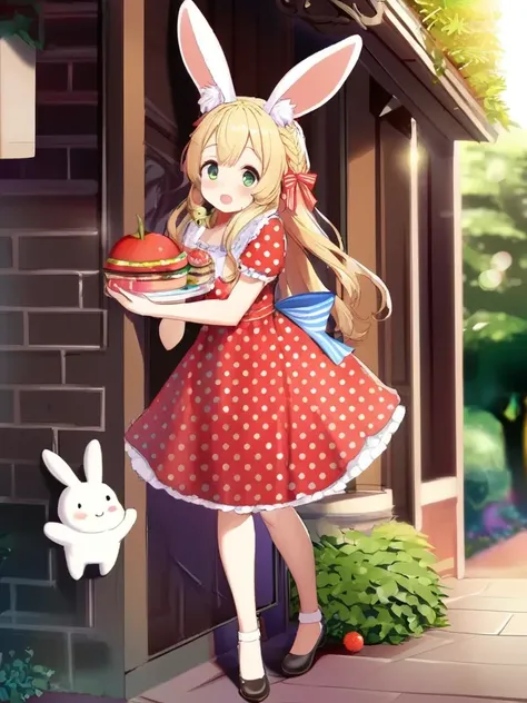 1girl, animal ear fluff, animal ears, bell, blonde hair, blush, bow, braid, dress, food, fruit, full body, green eyes, holding, holding food, jingle bell, long hair, looking at viewer, open mouth, outdoors, polka dot, polka dot dress, rabbit ears, red dress, shoes, short sleeves, solo, standing, striped, striped ribbon