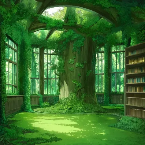 scenery, tree, green theme, window, no humans, book, nature, indoors, bookshelf, overgrown, forest,
anime world location,