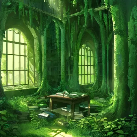 scenery, tree, green theme, window, no humans, book, nature, indoors, bookshelf, overgrown, forest, 1girl
anime world location,