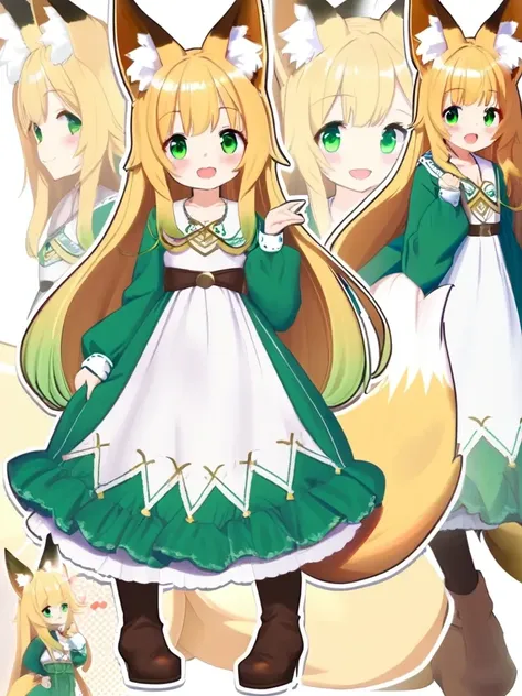 1girl, :d, animal ears, blonde hair, blush, boots, brown footwear, dress, fox ears, fox tail, full body, green dress, green eyes, hand up, long hair, long sleeves, looking at viewer, multiple views, open mouth, smile, standing, tail, very long hair, white dress