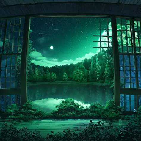 scenery,no humans, sky, moon, star (sky), night, reflection, starry sky, tree, night sky, nature, snow, full moon, forest, cloud, planet, winter, lake, tree, green theme, window, nature, indoors, overgrown, forest,
anime world location,