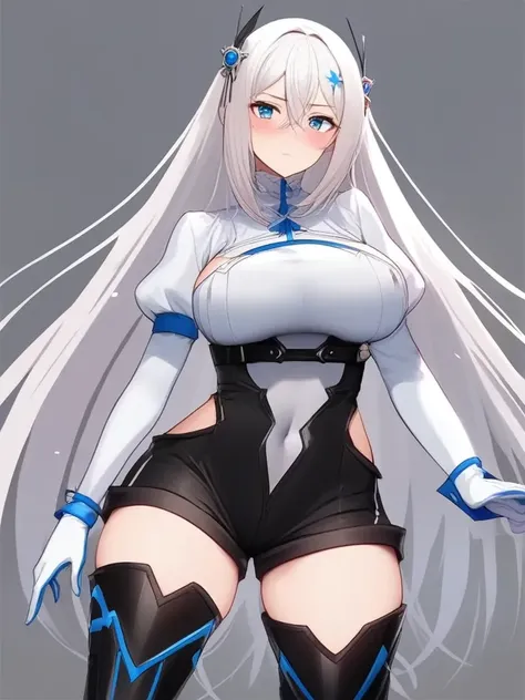 1girl, solo, long hair, blue eyes, breasts, looking at viewer, gloves, shorts, thighhighs, hair between eyes, closed mouth, short shorts, covered navel, puffy sleeves, long sleeves, white gloves, large breasts, very long hair, hair ornament, bangs, cowboy shot, boots, thighs, juliet sleeves, thigh boots, blush, frown, black shorts, white hair