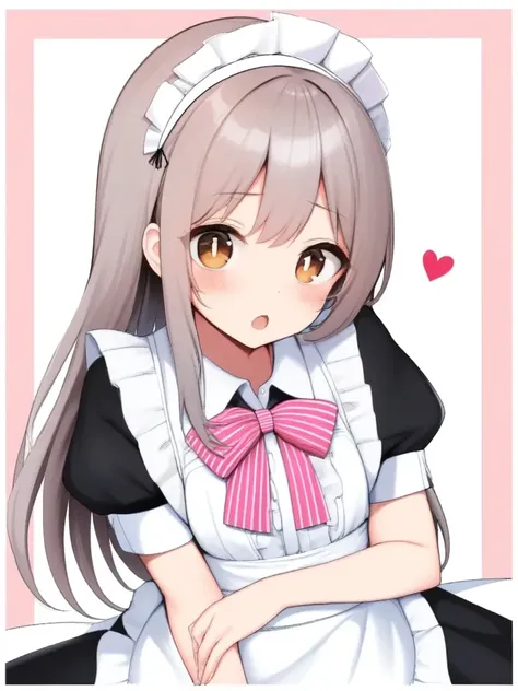 1girl, animal, apron, blush, border, bow, bowtie, brown eyes, brown hair, collared shirt, dress, dress shirt, enmaided, frilled dress, frills, grey hair, heart, long hair, looking at viewer, maid, maid apron, maid headdress, open mouth, pink bow, pleated dress, puffy short sleeves, puffy sleeves, shirt, short sleeves, solo, striped, striped bow, upper body, white apron, white pupils, white shirt