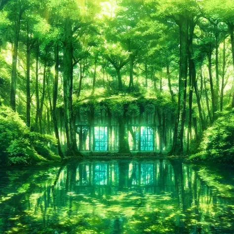 scenery, no humans, tree, nature, water, reflection, forest, day, sunlight, fish, tree, green theme, window, nature, indoors, overgrown, forest,
anime world location,