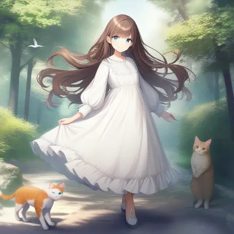 1girl, animal, bird, blue eyes, brown hair, cat, dress, floating hair, full body, long hair, long sleeves, looking at viewer, outdoors, puffy long sleeves, puffy sleeves, smile, solo, standing, white dress