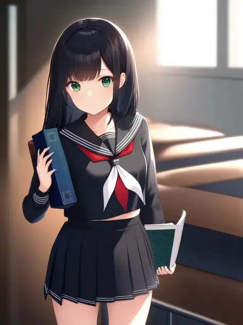 1girl, black hair, black sailor collar, black shirt, black skirt, book, closed mouth, green eyes, holding, holding book, long hair, long sleeves, looking at viewer, miniskirt, neckerchief, pleated skirt, red neckerchief, sailor collar, sailor shirt, school uniform, serafuku, shirt, skirt, solo, standing, white neckerchief