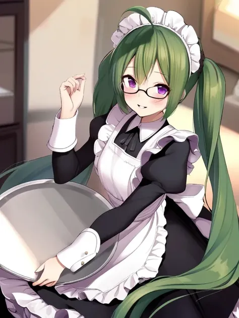 1girl, ahoge, apron, black dress, blush, brown hair, dress, frilled apron, frills, glasses, green hair, hand up, holding, holding tray, juliet sleeves, long hair, long sleeves, maid headdress, parted lips, puffy sleeves, purple eyes, smile, solo, tray, twintails, very long hair, waist apron, white apron,