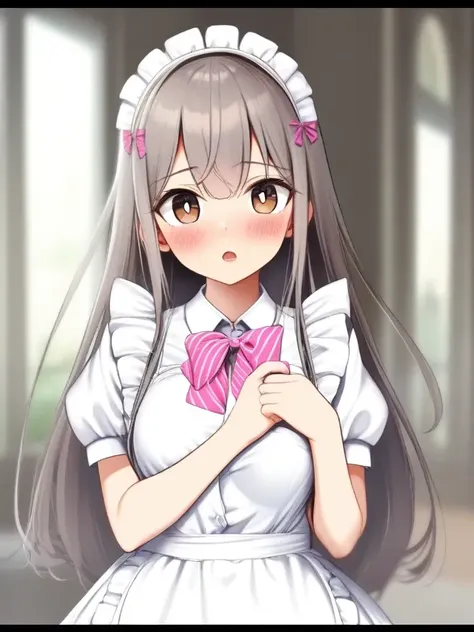 1girl, animal, apron, blush, border, bow, bowtie, brown eyes, brown hair, collared shirt, dress, dress shirt, enmaided, frilled dress, frills, grey hair, heart, long hair, looking at viewer, maid, maid apron, maid headdress, open mouth, pink bow, pleated dress, puffy short sleeves, puffy sleeves, shirt, short sleeves, solo, striped, striped bow, upper body, white apron, white pupils, white shirt