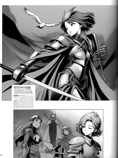 multiple girl, 2+girl, megami-magazine, armor, bird, cape, closed eyes, fantasy, gauntlets, greyscale, helmet, helmet, holding, holding sword, holding weapon, focus, monochrome, parted bangs, parted lips, shoulder armor, solo, sword, weapon,