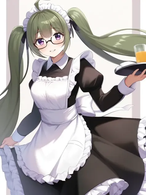 1girl, ahoge, apron, black dress, blush, brown hair, dress, frilled apron, frills, glasses, green hair, hand up, holding, holding tray, juliet sleeves, long hair, long sleeves, maid headdress, parted lips, puffy sleeves, purple eyes, smile, solo, tray, twintails, very long hair, waist apron, white apron,