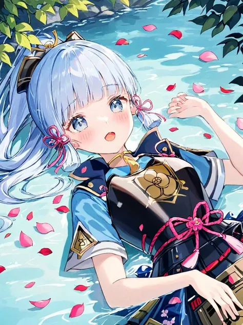 ultra-detailed,(best quality),((masterpiece)),(highres),original,extremely,<lora:shenli2_xl:1>,shenli, 1girl, kamisato ayaka, blue eyes, bangs, ponytail, lying, flower, looking at viewer, blunt bangs, partially submerged, armor, solo, blue hair, water, hair ornament, blush, long hair, hair ribbon, breastplate, sidelocks, ribbon, petals, on back, open mouth, light blue hair, mole under eye, mole, pink flower, tress ribbon, japanese armor, short sleeves