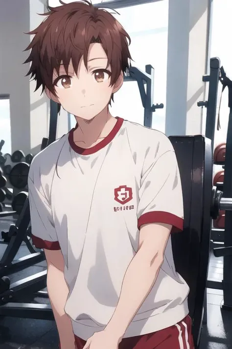 masterpiece, best quality, high quality, 1boy, solo, male focus, looking at viewer, upper body, , <lora:itsuki_akazawa:0.74>, itsuki_akazawa, brown hair, brown eyes, gym uniform