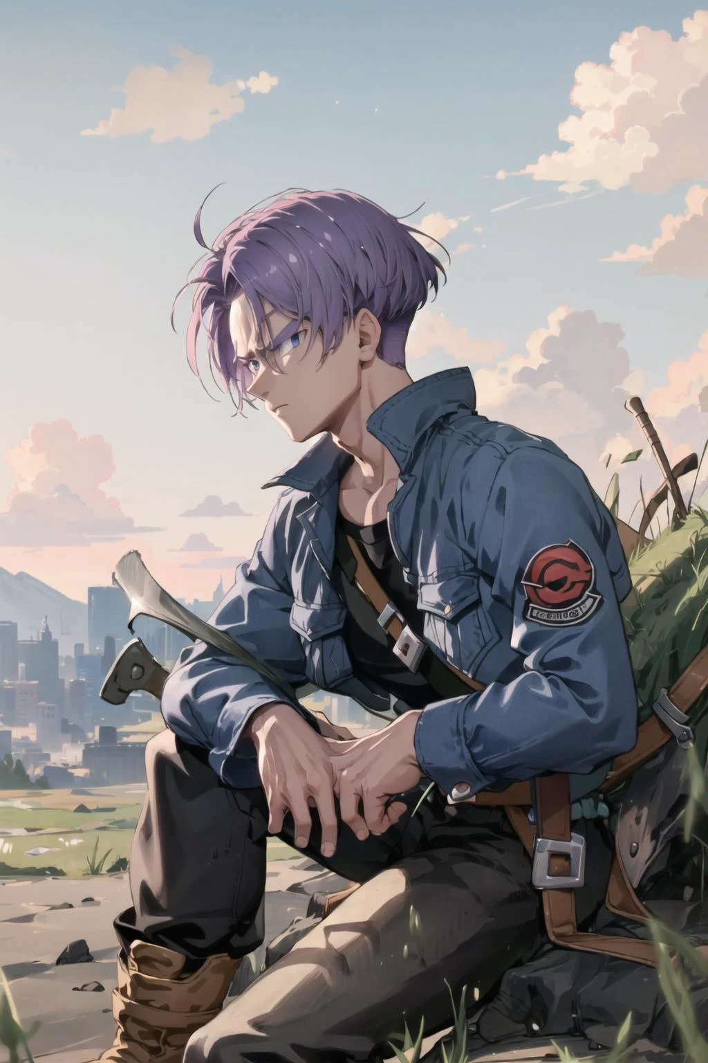 best quality, best quality, TrunksV4, blue eyes, shirt, 1boy, sitting, jacket, weapon, purple hair, male focus, boots, outdoors, sky, belt, pants, sword, blurry, black shirt, looking away, expressionless, grass, serious, denim jacket, <lora:TrunksV4-10:1>