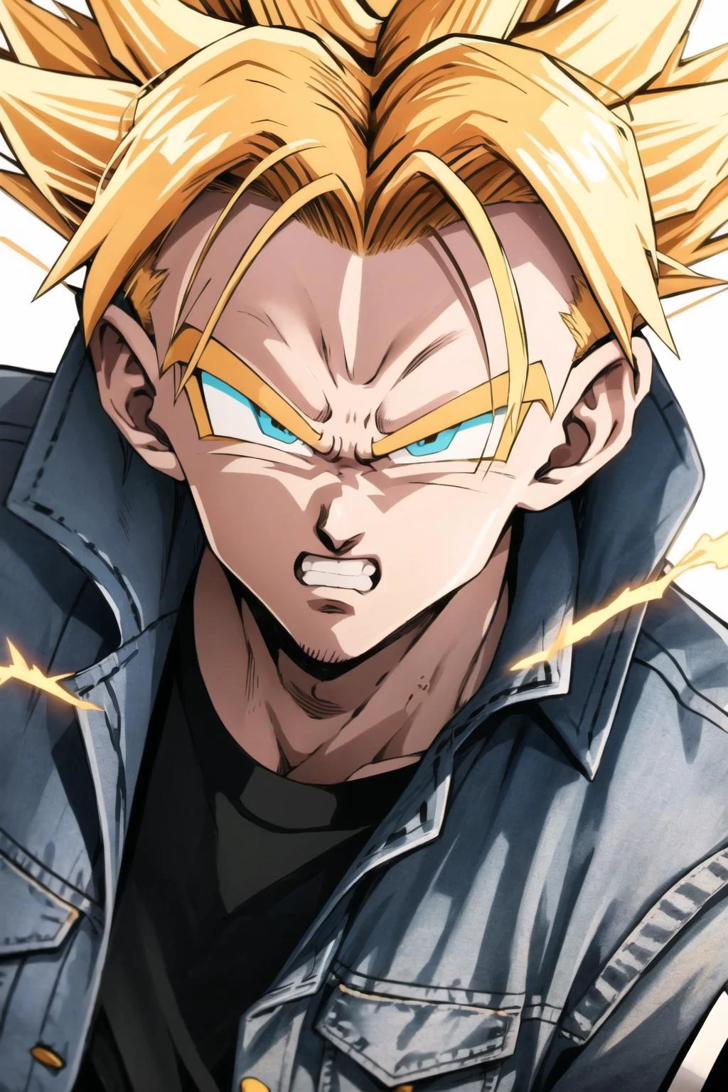 best quality, best quality, TrunksV4, close-up, solo, blonde hair, denim jacket, 1boy, male focus, teeth, electricity, super saiyan, <lora:TrunksV4-10:1>