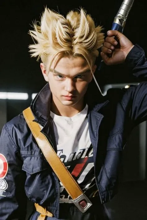 close-up,
90s flash photo,
masterpiece, best quality,
TrunksV4, solo, blonde hair, 1boy, jacket, weapon, male focus, sword, super saiyan, super saiyan 1, 
indoors, upper body, looking at viewer, indoors, dark room, black background, arms at sides, close-up