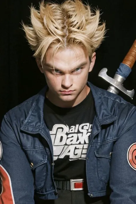 close-up,
90s flash photo,
masterpiece, best quality,
TrunksV4, solo, blonde hair, 1boy, jacket, weapon, male focus, sword, super saiyan, super saiyan 1, 
indoors, upper body, looking at viewer, furrowed brow, angry, from above, dark room, black background, arms at sides, close-up