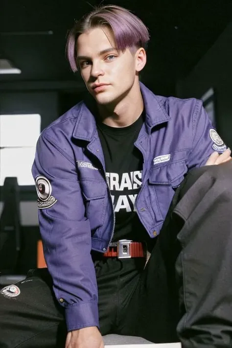 close-up,
90s flash photo,
masterpiece, best quality,
trunksv4, blue eyes, shirt, 1boy, sitting, jacket, weapon, purple hair, male focus, boots, belt, pants, sword, black shirt, 
indoors, upper body, looking at viewer, indoors, dark room, black background, arms at sides, close-up