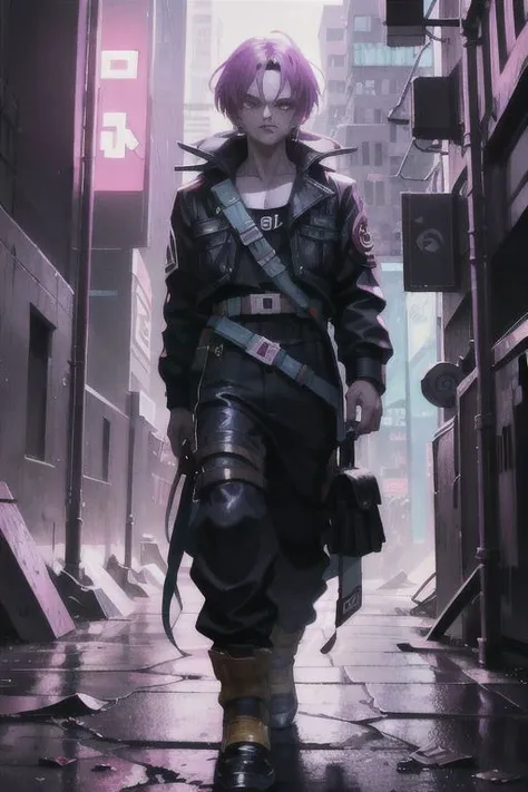 colorful, cyberpunk style, neon lights, dark mood, high contrast, (Masterpiece:1.3) (best quality:1.2) (high quality:1.1), steampunk style,cyberpunk style,Renaissance Sci-Fi Fantasy, trunksv4 is writing, in the background a starship is waiting for him.