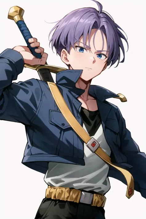 best quality, best quality, TrunksV4, solo, blue eyes, simple background, shirt, 1boy, white background, jacket, weapon, purple hair, male focus, belt, sword, black shirt, <lora:TrunksV4-10:1>