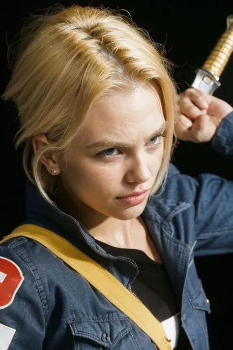 close-up,
90s flash photo,
masterpiece, best quality,
beautiful face,
TrunksV4 woman, solo, blonde hair, 1girl, jacket, weapon, female focus, sword, super saiyan, super saiyan 1, short spikey blonde hair,
indoors, upper body, looking at viewer, furrowed brow, angry, from above, dark room, black background, arms at sides, close-up