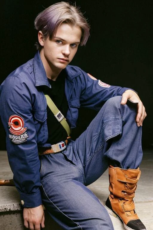 close-up,
90s flash photo,
masterpiece, best quality,
trunksv4, blue eyes, shirt, 1boy, sitting, jacket, weapon, purple hair, male focus, boots, belt, pants, sword, black shirt,
indoors, upper body, looking at viewer, indoors, dark room, black background, arms at sides, close-up