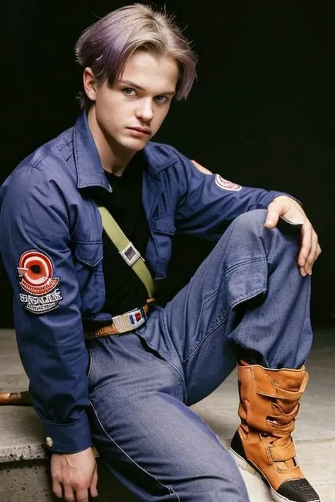 close-up,
90s flash photo,
masterpiece, best quality,
trunksv4, blue eyes, shirt, 1boy, sitting, jacket, weapon, purple hair, male focus, boots, belt, pants, sword, black shirt, 
indoors, upper body, looking at viewer, indoors, dark room, black background, arms at sides, close-up