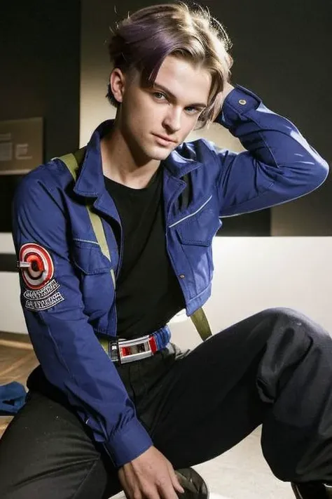 close-up,
90s flash photo,
masterpiece, best quality,
trunksv4, blue eyes, shirt, 1boy, sitting, jacket, weapon, purple hair, male focus, boots, belt, pants, sword, black shirt, 
indoors, upper body, looking at viewer, indoors, dark room, black background, arms at sides, close-up