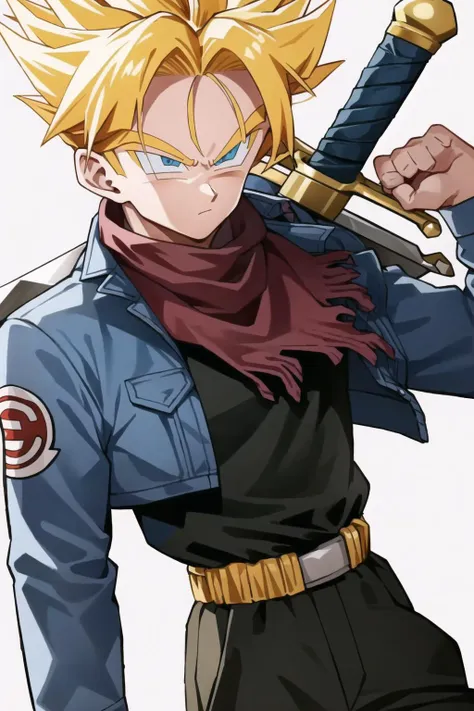 best quality, best quality, TrunksV4, solo, blue eyes, simple background, shirt, 1boy, white background, jacket, weapon, blonde hair, super saiyan, male focus, belt, sword, black shirt, <lora:TrunksV4-10:1>