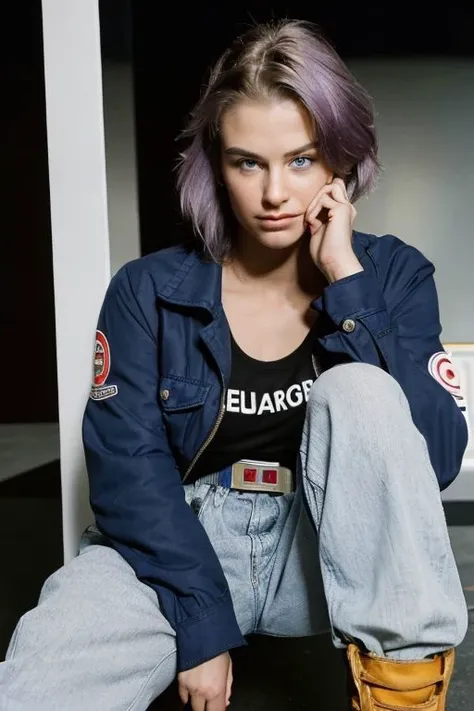 close-up,
90s flash photo,
masterpiece, best quality,
beautiful face,
trunksv4 woman, blue eyes, shirt, 1girl, sitting, jacket, weapon, purple hair, male focus, boots, belt, pants,
indoors, upper body, looking at viewer, furrowed brow, angry, from above, dark room, black background, arms at sides, close-up