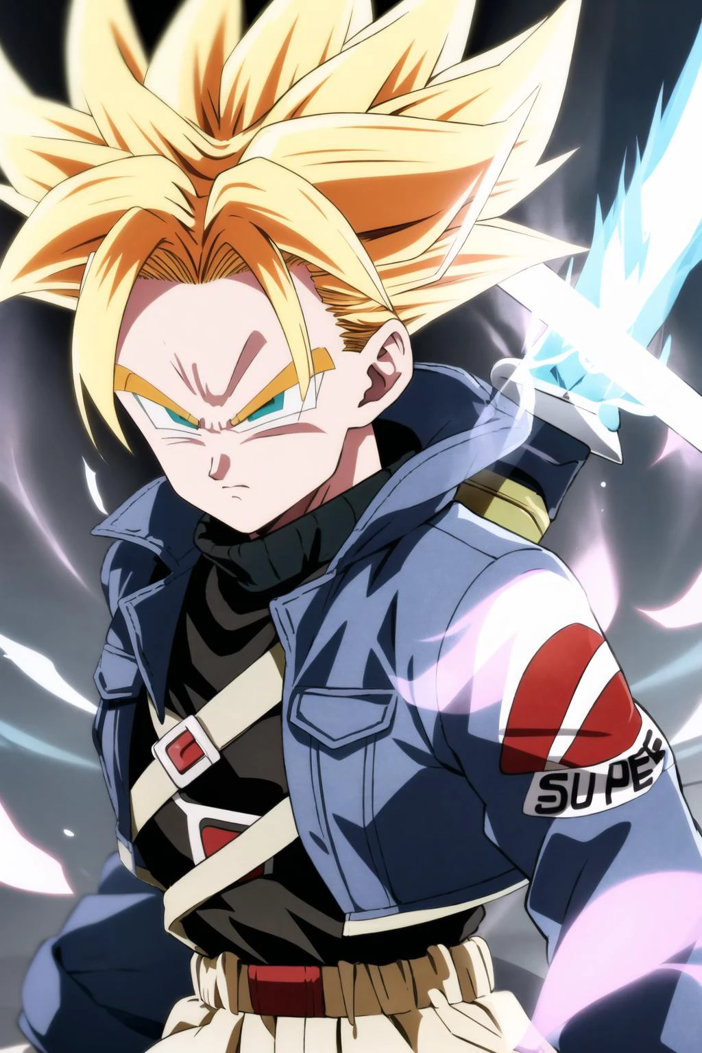 best quality, best quality, TrunksV4, solo, blonde hair, 1boy, jacket, weapon, male focus, sword, super saiyan, super saiyan 1, <lora:TrunksV4-10:1>