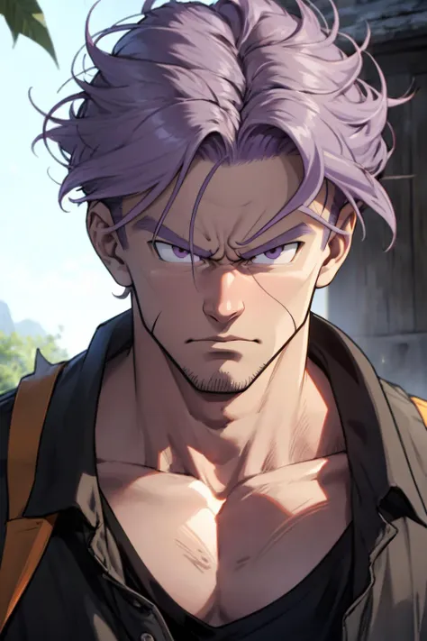 best quality, Mature male, Looking straight at the camera, <lora:TrunksV4-10:.8> trunks, furrowed brow, purple hair, black shirt