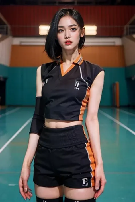 1girl, volleyball uniform, thighs, eyeliner, looking at viewer, broad shoulder, eyelashes, perfect face, perfect skin, ((ultra-detailed eyes)), dim lighting, bokeh, ((indoor stadium)), audience,sleeveless, crop top, ((abs)), (masterpiece, high quality:1.2), bare face, ((black jersey)), sport attire, ((low saturated)), (low contrast),<lora:haikyuu:1> <lora:jurinlorashy:0.85>