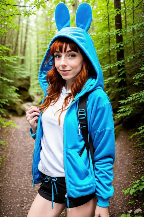 RAW photo, nbdy-scarlet-sd15, (bright blue bunny hood, unzipped hoodie, shorts, wearing a small backpack, hiking through a forested mountain), plant sprout, blossoms, raindrops, spring, (high detailed skin:1.2), 8k uhd, dslr, soft lighting, high quality, film grain, Fujifilm XT3