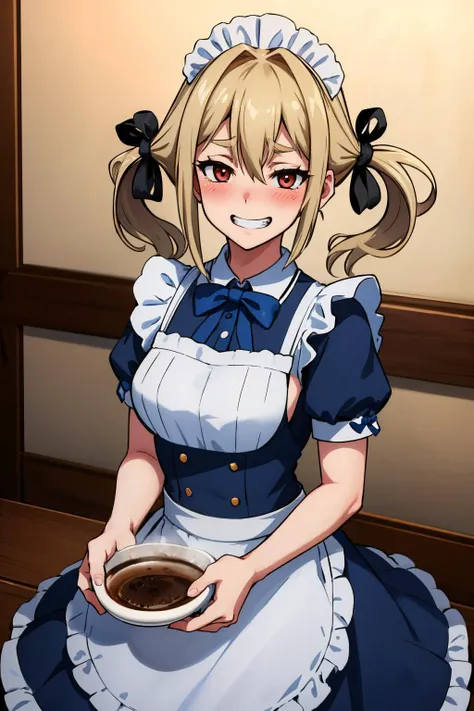 <lora:frau-nvwls-v1-final:0.8> koujiro frau, hair ribbons, maid outfit, blue maid outfit
masterpiece, best quality, absurdres, cafe, blush, creepy grin