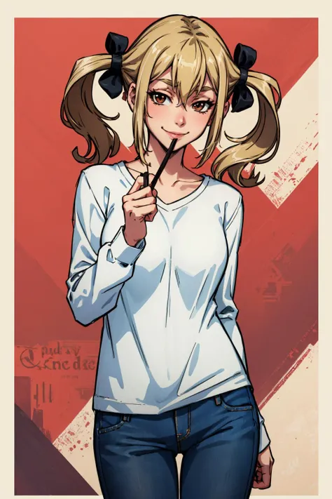 masterpiece, best quality, koujiro frau, hair ribbons, long-sleeved white t-shirt, jeans, cowboy shot, holding pocky, looking at viewer, (tired:1.1), smile, looking at viewer <lora:frau-nvwls-v1-000010:0.9>