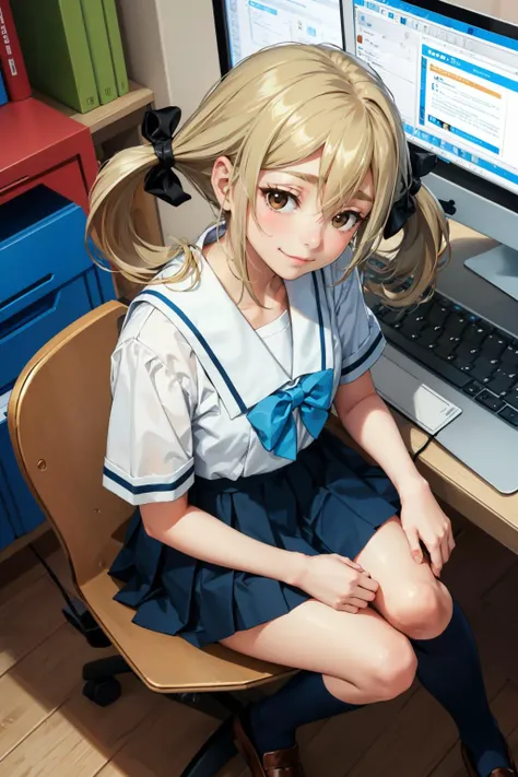 masterpiece, best quality, koujiro frau, hair ribbons, serafuku, pleated skirt, green socks, loafers, looking at viewer, smile, (tired:1.4), looking at viewer, computer, sitting, from above <lora:frau-nvwls-v1-000010:0.9>