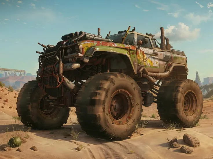 <lora:rage2vehicle_v2:0.7>, rage2vehicle, tractor, monster truck, big engine, mechanical detail