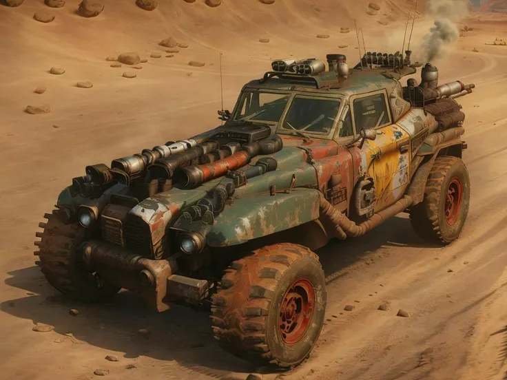 <lora:rage2vehicle_v2:0.7>, rage2vehicle_v2, fast driving vehicle on the road, big engine and exhaust pipe, machinegun