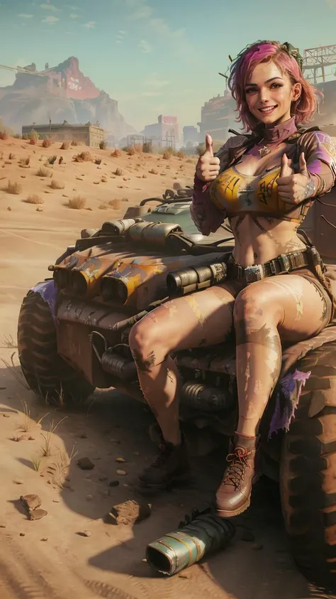 <lora:rage2vehicle_v2:0.7>, (rage2vehicle:1.3), big tires, big engine, exhaust pipe, beautiful woman, (thumbs up:1.3), smiling, sitting on top